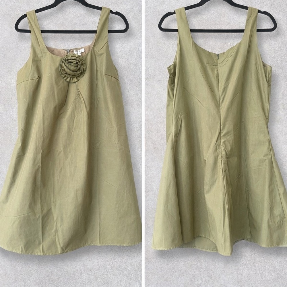 TCEC Olive Green A-Line Midi Dress with Rosette Detail